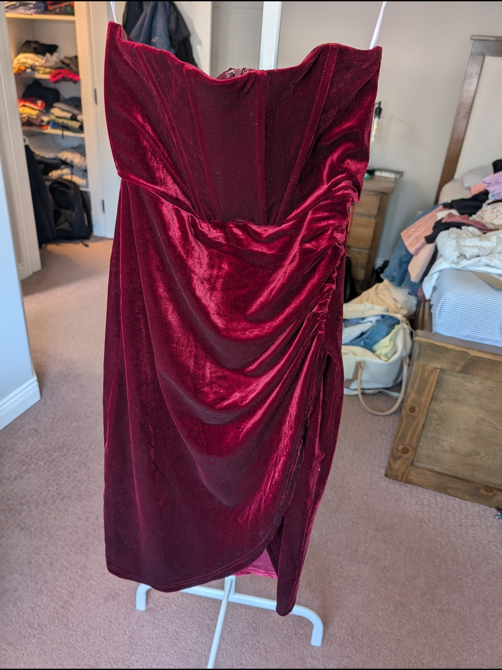 Lulu's Strapless Velvet Ruched Midi Dress in Deep Wine Red